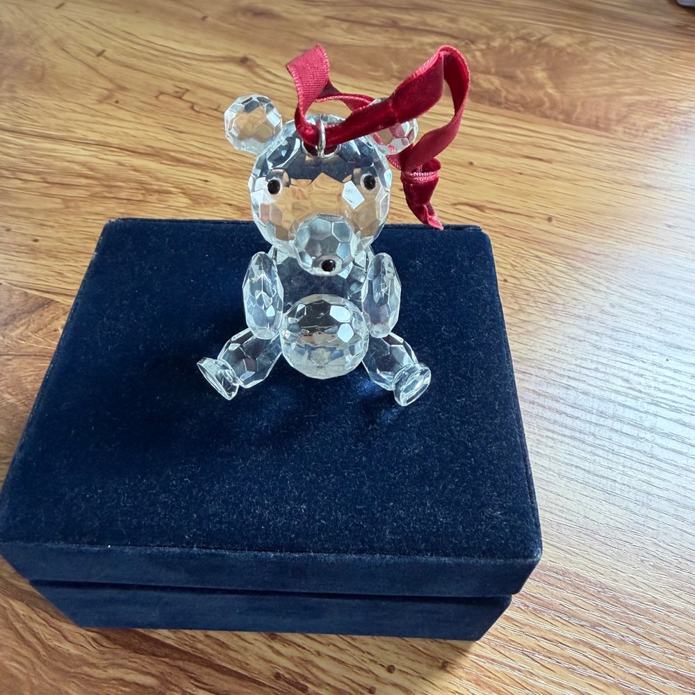 Faceted Lead Crystal Teddy Bear Ornament with Red Ribbon and Blue Velvet Box